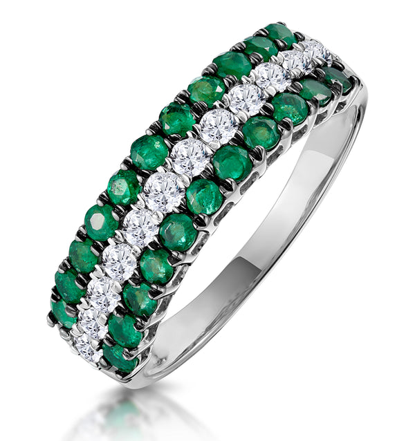 Emerald and Diamond Triple Row Asteria Eternity Ring in 18K W Gold